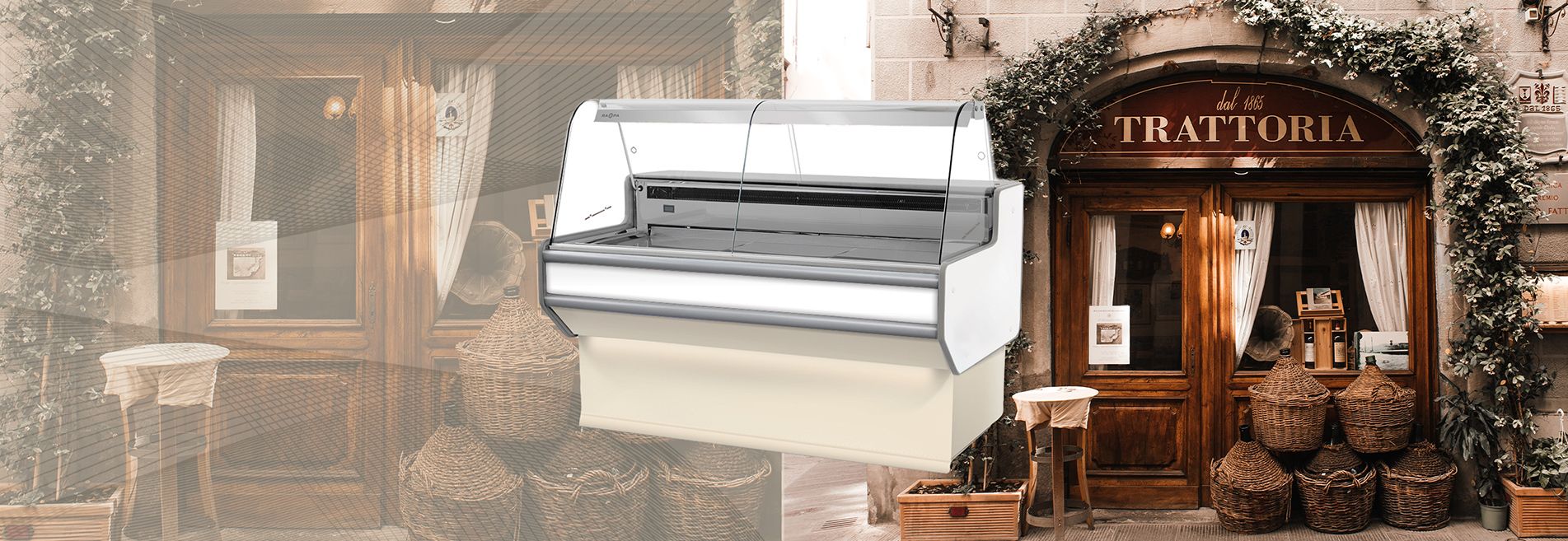 Refrigerated counter against the background of the store