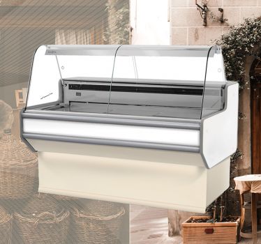 Refrigerated counter against the background of the store
