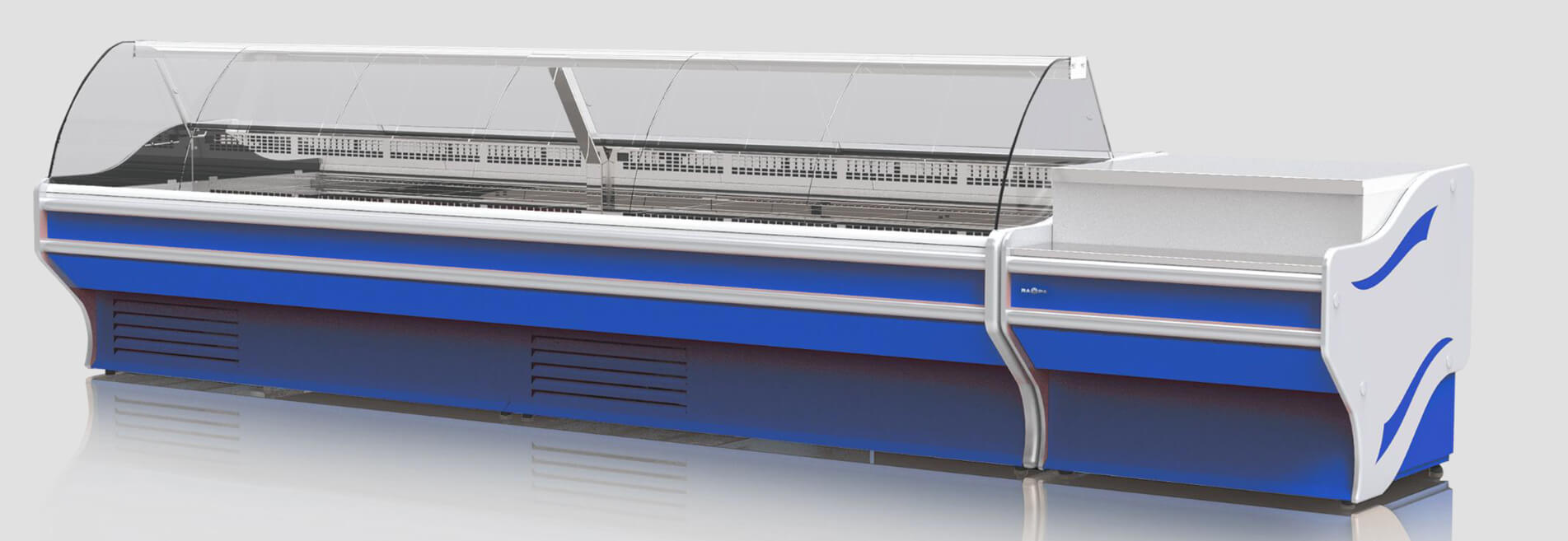 Set of blue refrigerated counters with cash counter